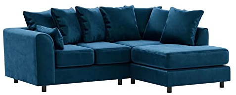 Furnishings For Less UK Blue Corner Sofa | Brooklyn Royal Blue Plush Velvet 4 Seater L Shaped Corner Sofa Full Foam seating RH (Blue, Right Hand Facing)