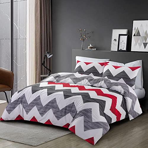 Homespace Direct Zig Zag Stripe Single Bedding Duvet Cover Set Modern Style Red/Grey Polycotton
