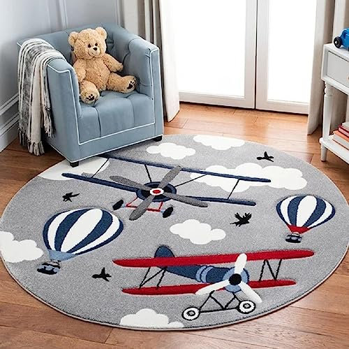 Sedefen Teppich Rund 100cm Kinderzimmer Jungen Flugzeug Grau Kinderteppich Waschmaschinenfest rutschfest Flauschig Teppich für Schlafzimmer Wohnzimmer