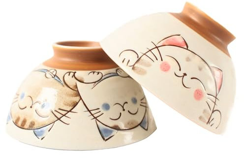 Mino ware Japanese Pottery Pair Rice Bowl Animal Pattern (set of 2) made in Japan (Japan Import) MIG010 (Smiling Cat)