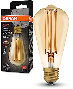 OSRAM Vintage 1906 LED-Lampe mit Gold-Tönung, 5,8W, 470lm, Edison-Form mit 64mm Durchmesser & E27-Sockel, warmweiße Lichtfarbe, gerades Filament, dimmbar, bis zu 15.000 Stunden Lebensdauer