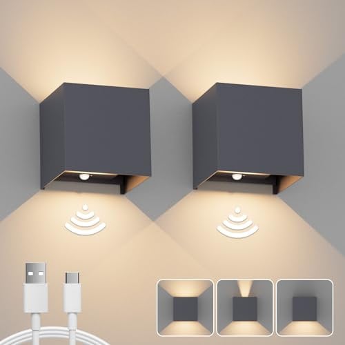 Klighten 2 Stück Akku Wandleuchte mit Bewegungssensor, 3000K kabellose Wandlampe, 5500mAh aufladbare Wandleuchte mit USB-C, Abstrahlwinkel einstellbar innen Wandlampe für Wohnräume und mehr. Anthrazit