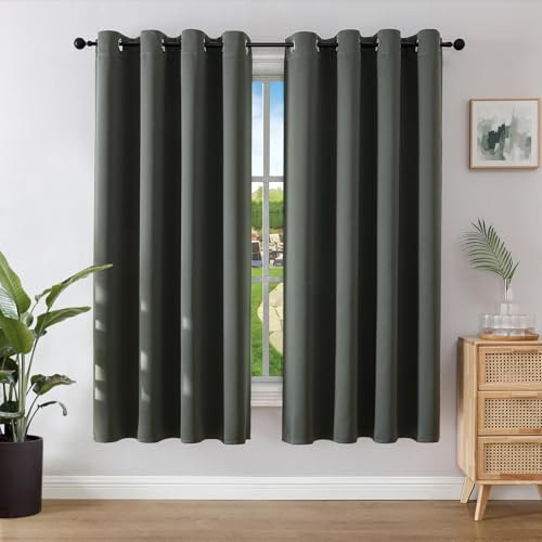 Joydeco Blackout Curtains for Bedroom 42 x 63 Inch, Eyelet Thermal Insulated Energy-saving Drapes for Room Darkening Light Filtering, Short Window Treatments 63 Inch Drop, 2 Panels - Dark Grey