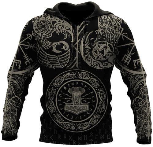 JJLLAZAD Viking Hoodie Mjölnir Men 3D Print Thor Hammer Long Sleeve Spring Autumn Hoodie Norse Myth Berserker Cosplay Costume,Thor Hammer,3XL