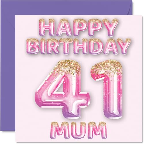 41st Birthday Card for Mum, Pink & Purple Glitter Balloons