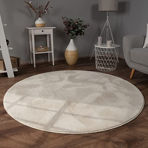 Paco Home Teppich Wohnzimmer Kunstfell weich waschbar modern elegant pflegeleicht Felloptik Uni Seidenglanz flauschig Kurzflor, Grösse:200 cm Rund, Farbe:Creme