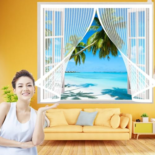 Magnetic Window Fly Screen 148 x 98 cm(58 x 39inch), Mosquito Insects Window Screen, Lets Fresh Air in for French Doors/Sliding Glass Doors/Patio Doors, White