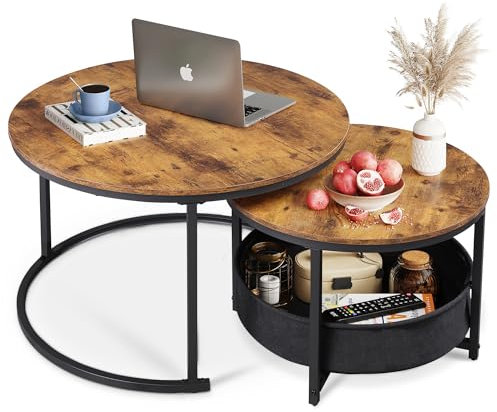 WLIVE Couchtisch 2er Set, Beistelltisch Rund mit Stauraum, Wohnzimmertisch mit Korb aus Stoff,Metallgestell, Kaffeetisch für Wohnzimmer (Rustikales Braun)