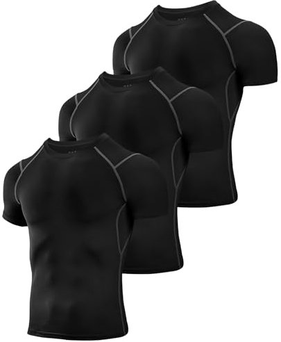 Niksa 3 Stück Kompressionsshirt Herren,Laufshirt Herren Kurzarm mit Unterarm Mesh kurzärmliges Funktionsshirt Atmungsaktiv Sportshirt Männer für Running Workout Fitness, Schwarz-grau, L