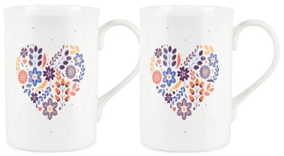 Floral Heart Anniversary Love Mug Set - Valentine Couples Mugs Gift Set - Bone China White Coffee/Tea Cup Drinkware Present Pack of 2