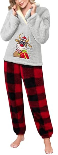 Tuopuda Pigiama Natalizio Donna Invernale Pile Pigiami Due Pezzi, Pigiama Felpato Set da Casa Natale Felpa Manica Lunga e Pantalone Lungo Indumenti da Notte Loungewear