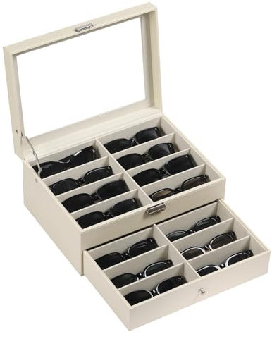 AUTOARK Leather 16 Piece Eyeglasses Storage and Sunglass Glasses Display Drawer Lockable Case Organizer,Beige,MKAW203