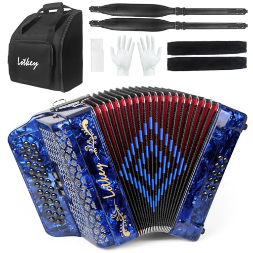 Lotkey 34 Key Diatonic Accordion, 3412 Multi Tone Celluloid Accordions Louder Clearer Timbre than Plastic for Adult, Beginner, Professional with Updated Bag, Straps, Acordeón Wrist Guard (GCF Blue)