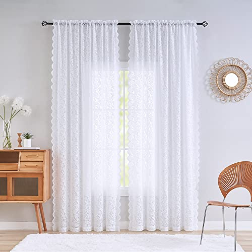Aligogo, weiße Spitzenvorhänge, 2 Vorhänge, 305 cm lang – lichtdurchlässig, Stangendurchzug, Esszimmer, Sichtschutz, bodenlang, 132 × 305 cm