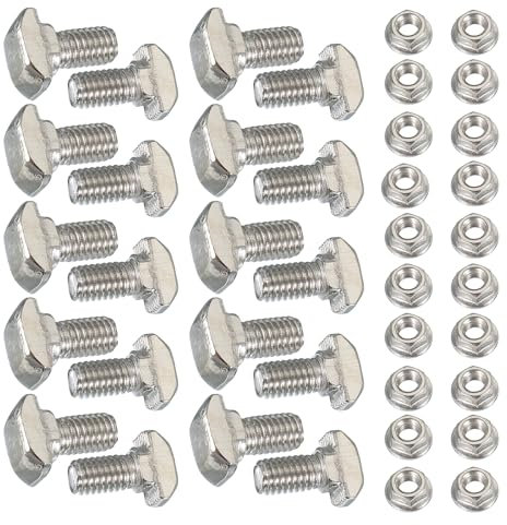 PATIKIL M5 x 10 mm T-Slot Bolts, 1 Set Drop-in Bolt Hammer Head with Hexagon Flange Nuts T-Bolt Stud Sliding Screw for 20 Series Aluminum Extrusion Profile, Silver
