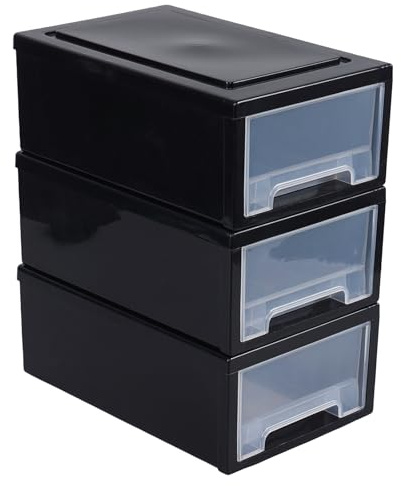 Ionoloy 6.5 Litres Plastic Desktop Organiser Drawers, 3 Pack Stackable Storage Drawers, Black