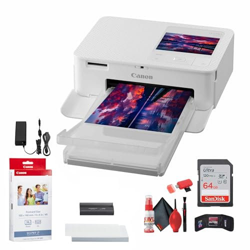 Canon SELPHY CP1500 Imprimante photo compacte (Blanc) (5540C002) KP-36IP Ensemble d'encre et papier couleur + carte mémoire Ultra 64 Go + Kit de nettoyage + Portefeuille de cartes mémoire + Lecteur de