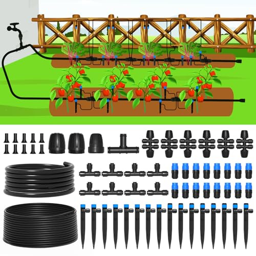 MIXC 247 FT Drip Irrigation System,Quick Connector Garden Watering System Automatic Sprinkler System Kit for Lawn Raised Bed Greenhouse Plant Watering System with 1/4'' Tubing,Drip Emitters,Connectors