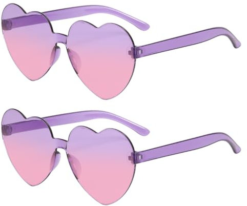 Meleager Herz Brille, Lila Rosa Gradient Herzförmige Sonnenbrille, 2 Stück Randlose Sonnenbrillen Set Party, Vintage Hippie Herzform Brille 90er, für Party, Hochzeit, Karneval, Halloween