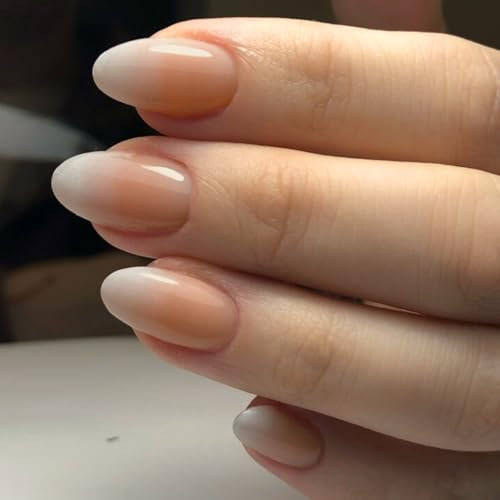 French Tip False Nails - Gradient Pink Short Press On Nails Almond - Oval Elegant Fake Nails With Glue - Natural Acrylic Full Cover Stick On nails For Women Girls Nails Art Daily Wear Manicure Gift