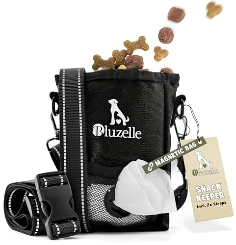 bluzelle Leckerlitasche & Futterbeutel für Hunde, 650 ml, Schwarz | Magnetverschluss, Kotbeutelspender, Hüftgurt, Schultergurt & Clip, Reißverschlussfach, Reflektorstreifen