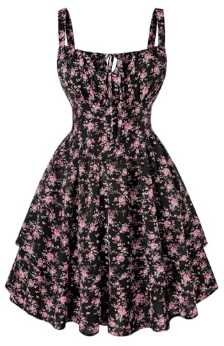 SCARLET DARKNESS Robe d'été Femme à Bretelles Spaghetti Style Victoria, Courte à Imprimé Fleuri Élégant