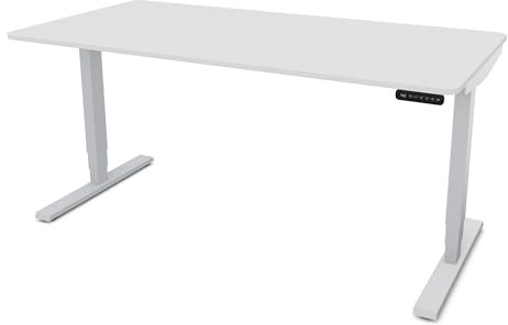 ASSMANN Höhenverstellbarer Schreibtisch elektrisch, 180x80cm, TÜV-geprüft | stufenlos verstellbar mit Aufprallschutz, ergonomischer Schreibtisch Made in Germany, abgerundete Ecken, Weiß/Silber