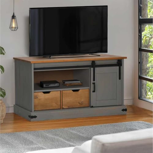 UJCHVHN Mobile TV HALDEN con porta scorrevole grigio 110x40x60 cm in legno massello Centri di intrattenimento e supporti TV
