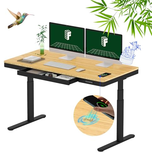 FLEXISPOT Q8 Höhenverstellbarer Schreibtisch mit kabellosem Laden, Schublade & Kabelmanagement, elektrisch mit Dual-Motor & dreifach Teleskopsäulen, 140x70cm, Bambusplatte mit schwarzem Gestell