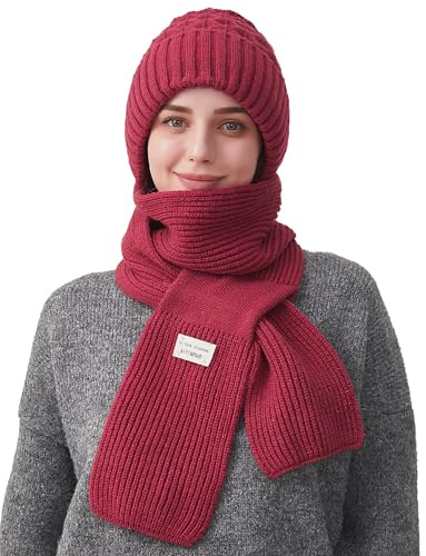 FEOYA Damen 2 in 1 Strickmütze Schal mit Fleecefutter Warme Wintermütze Winddichte Kapuzenschal Sturmhaube Beanie Halswärmer Sets