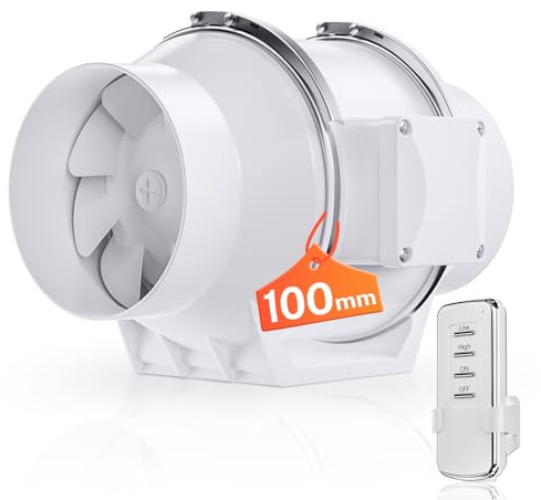 YJHome 100mm Rohrlüfter mit Zweigang-Regler 5M Infrarot-Fernbedienung | Zwei Geschwindigkeiten & EU-Stecker, IPX4-Wasserschutz, Rauchabsaugung für 3D-Drucker, Growzelte, Garage