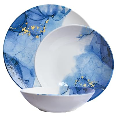CER-POR Set piatti MARBLUE | 18 pezzi porcellana decorati per tavole moderne. 18 Pezzi. Per 6 Persone