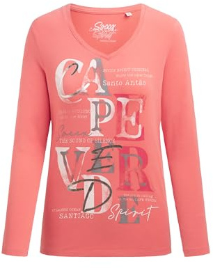 SOCCX Damen Langarmshirt mit V-Ausschnitt und Wording Print Apricot Sunset, XL