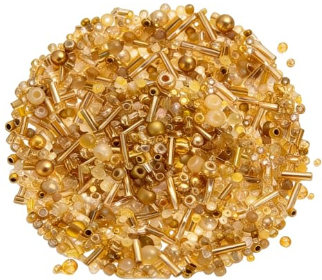 YAWYO 1000 Pcs Perles Tubes Dorées, Formes Mixtes Taille 1-4 mm, Perles de Verre pour Broderie, Boucles d'oreilles, Colliers, Bracelets et Créations Bijoux DIY
