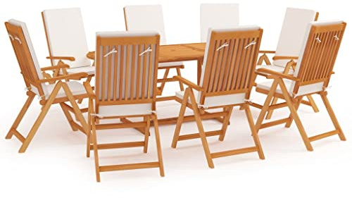 Owoxanthellate 9-TLG. Teakholz Gartenmöbel Essgruppe 180×90 cm Tisch mit Sonnenschirmloch 8 Klappstühle mit Cremeweißen Kissen Massivholz wetterfest für Balkon Terrasse und Wintergarten