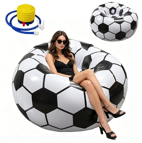 RNPKZ Uppblåsbar fåtölj, fotboll, 105 x 105 x 70 cm, uppblåsbar kula, fåtölj med luftpump, bärbar uppblåsbar sittsäck, bönväska, flockad yta, supermjuk, för vardagsrum sovrum, camping