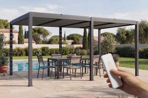 Cazeboo Pergola bioclimatique motorisée 5x3m autoportée à LED AGOSTA Hauteur 250cm- Aluminium Gris