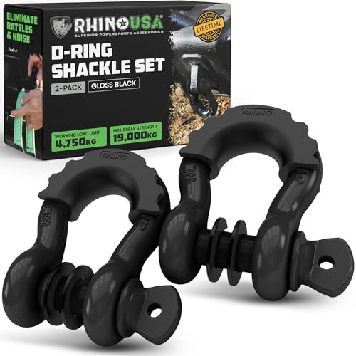Rhino USA D-Ring Grilletes (2 Piezas) - Resistencia a la Rotura de 18.983 kg – Horquilla 1,9 cm con Pasador de 2,2 cm para Remolque y Uso 4X4 – Pares con Correa de Recuperación para Vehículos (Negro)