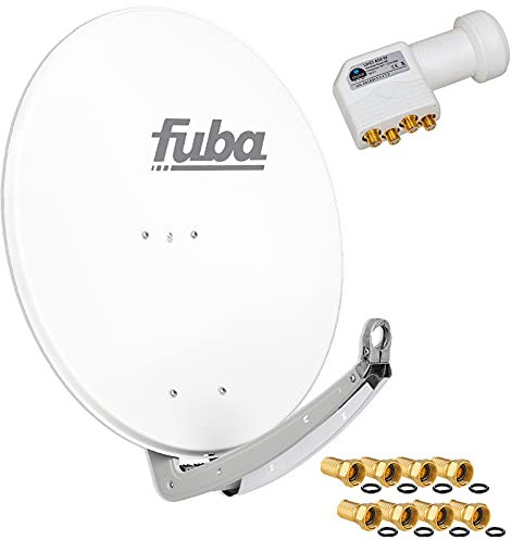 FUBA 4 Teilnehmer Digital SAT Anlage DAA780W Weiss + Hochwertiger Quad LNB weiß + 8 Vergoldete F-Stecker