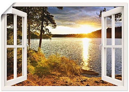 ARTLAND Wanddeko Poster & Kunstdrucke Wandposter 100x70 cm Fensterblick Fenster Landschaft Natur Wald See Sonnenuntergang Wolken K2RH