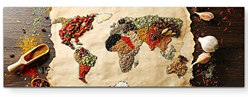 Paul Sinus Art Leinwandbilder | Bilder Leinwand 120x40cm Weltkarte aus verschiedenen Gewürzen