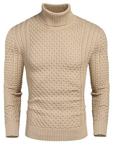 COOFANDY Jersey Hombre Cuello Alto Invierno Sueter Manga Larga Cuello Vuelto Jersey de Punto Sweater Ajustado Caqui L