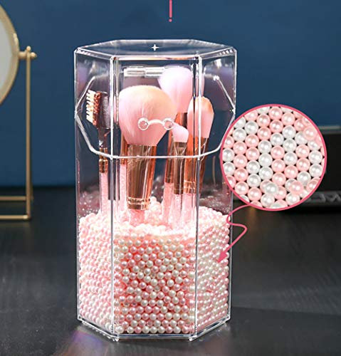 JMAHM Soporte para brochas de maquillaje, organizador de maquillaje, acrílico de, a prueba de polvo, con perlas blancas