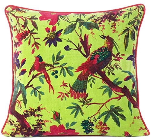 Eyes of India Kissenbezug für Sofakissen, 40,6 cm, grüner Samt, Blume, Vogel, bunt, Boho-Chic, Bohemian-Akzent, indischer handgefertigter Bezug