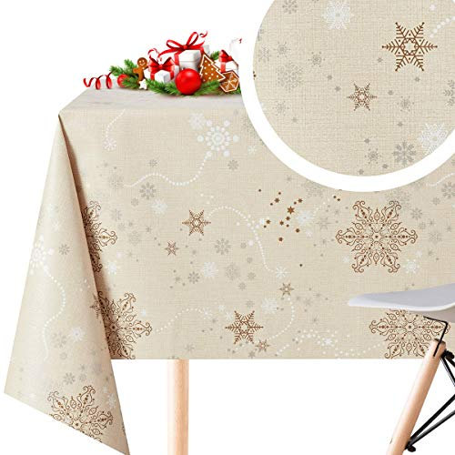 KP HOME Creme Wachstuchtischdecke Weihnachten PVC Tischdecke mit Schneeflocken - Abwischbare Wachstuch Rechteck Wachstischdecke Groß 250x140 Wasserdichtes Wachstuchtischdecke Vinyl Tischdecke Outdoor