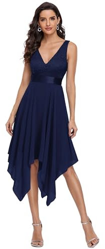 Ever-Pretty Robe de Soirée Asymétrique au Genou Femme Double Col-V sans Manche en Dentelle Mousseline de Soie Bleu Marine 38
