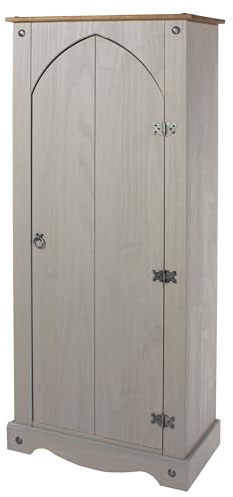 Corona Pantry Cupboard Storage Cabinet - Grey Waxed Vestry Design with Metal Detailing, Arched Door & Adjustable Shelves for Kitchen, Hallway, Living Room & Dining Area, Classic Mexican Style