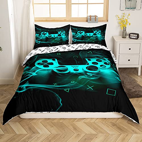 Homewish Jungen Gaming Bettwäsche-Set 155x220, Kinder Gamer Spielezimmer Dekor Bettbezug Videospiele Bettdecke, Schlafzimmer 2 Stücke Bettwäsche-Set mit 1 Kissenbezug, Gamepad und Rauchmuster