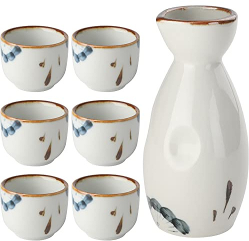 Juego de 7 sake japonés de cerámica incluye 1 botella de sake y 6 tazas de sake para sake caliente o frío en casa o restaurante (blanco)