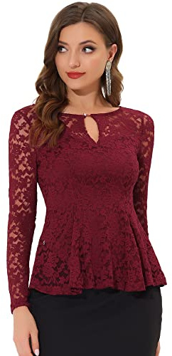 Allegra K Women's Dressy Top Formal Wedding Guest Long Sleeve Lace Peplum Blouse, Burgundy, XL